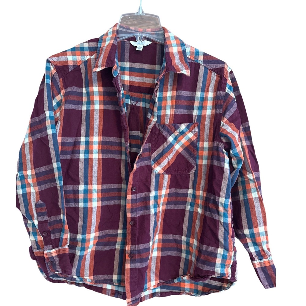 Time and Tru Womens Plaid Flannel Shirt Burgundy Orange Blue Cotton Large 12-14‎